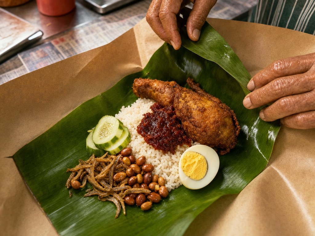 Nasi lemak on banana leaf wrapped in Harimau hawker paper