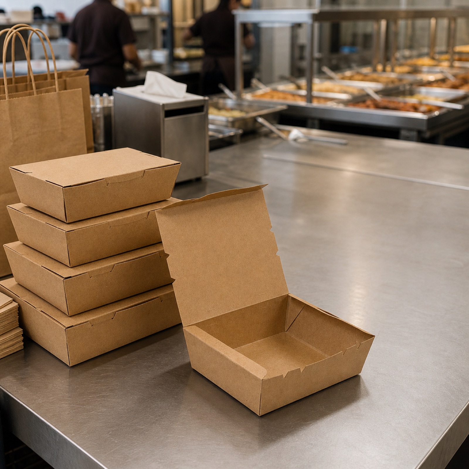 Eco Lunch Boxes stacked at an economy rice shop counter