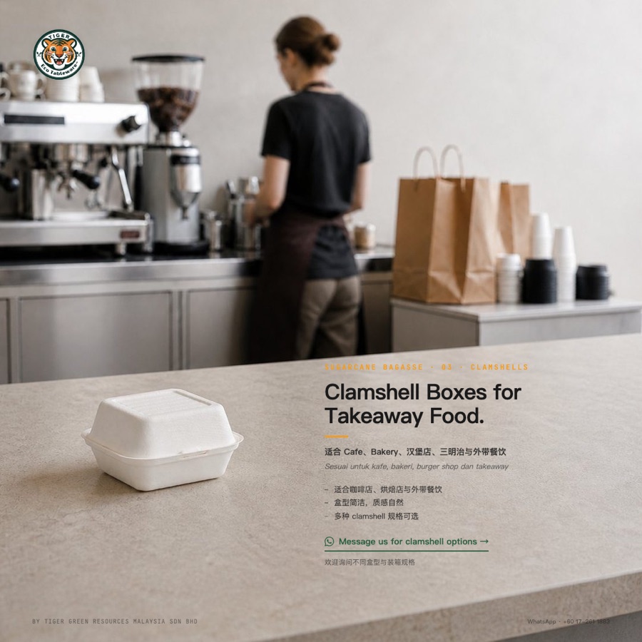 Kotak clamshell bagasse untuk takeaway